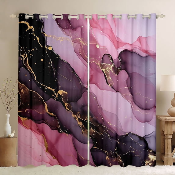 Homewish Black Pink Marble Kitchen Curtains,Modern Aesthetic Art Black Out Curtains Pack of 2 (42x63 Each)