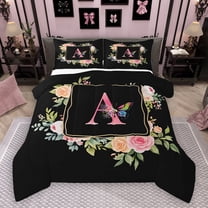 Homewish Black Pink Monogrammed Bedding Comforter Set, Cartoon Initial A Letter Twin Comforter Sets, Rose Flower Butterfly Reversible Bedding Set, Breathable Home Decor, 2 Pieces