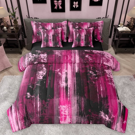 Homewish Black Pink Oil Printing Bedding Comforter Set for Teens, Modern Stripes Abstract King Bedding Sets, Fashion Art Reversible Bed Sheets, Breathable Home Decor