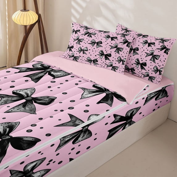 Homewish Black Pink Polkadots Bow Zipper Twin Comforter Sets with Fitted Sheet and 2 Pillowcases for Girls, Dreamy Princess Zipper Bedding Set, Pink Reversible, 4-Piece