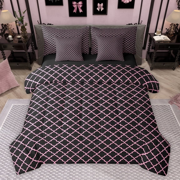 Homewish Black Pink Ribbon Bedding Comforter Set 7pcs, Fashion Buffalo Plaid King Bedding Sets, Teens Kids Boys Girls Reversible Bed Sheets, Luxury Bedroom Decor