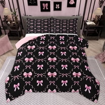 Homewish Black Pink Ribbon Bedding Comforter Set for Child, Kawaii Cartoon Bow Twin Comforter Sets, Fairy Tale Princess Reversible Bedding Set, Ultra Soft Bedroom Decor, 2-Piece