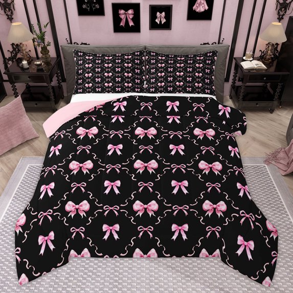 Homewish Black Pink Ribbon Bedding Comforter Set for Child, Kawaii Cartoon Bow Twin Comforter Sets, Fairy Tale Princess Reversible Bedding Set, Ultra Soft Bedroom Decor, 2-Piece