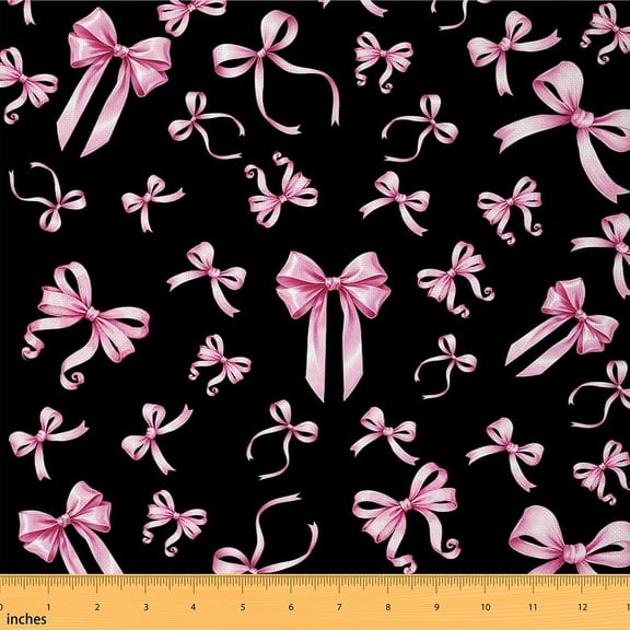 Homewish Black Pink Ribbon Fabric by the Yard 1 Yard for Kids, Cute Princess Bowknot Room Decor Fabric by the Yard, Cartoon Bow Theme Sewing Fabric, Microfiber Bedroom Decor