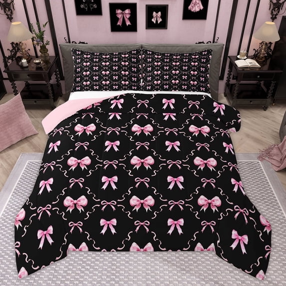 Homewish Black Pink Ribbon Queen Comforter Set for Child, Kawaii Cartoon Bow Bedding Sets, Fairy Tale Princess Reversible Bedding Comforter Set, Ultra Soft Bedroom Decor, 3-Piece