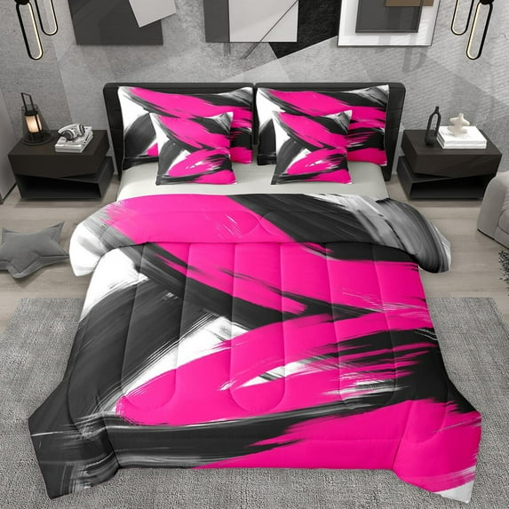 Homewish Black Pink Splash 7-Piece Twin Bedding Sets For Teens Boys Girls,Abstract Graffiti Bedding Comforter Set,Vintage Aesthetic Breathable Sheet Sets,Luxury Bedroom Decor,Reversible