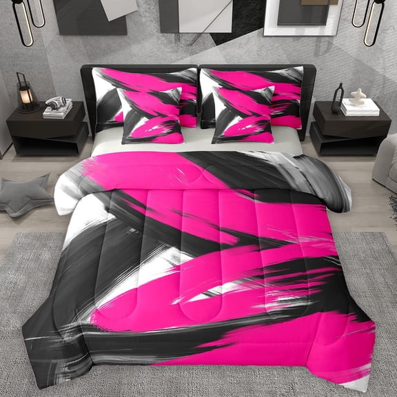 Homewish Black Pink Splash 7-Piece Twin Bedding Sets For Teens Boys Girls,Abstract Graffiti Bedding Comforter Set,Vintage Aesthetic Breathable Sheet Sets,Luxury Bedroom Decor,Reversible