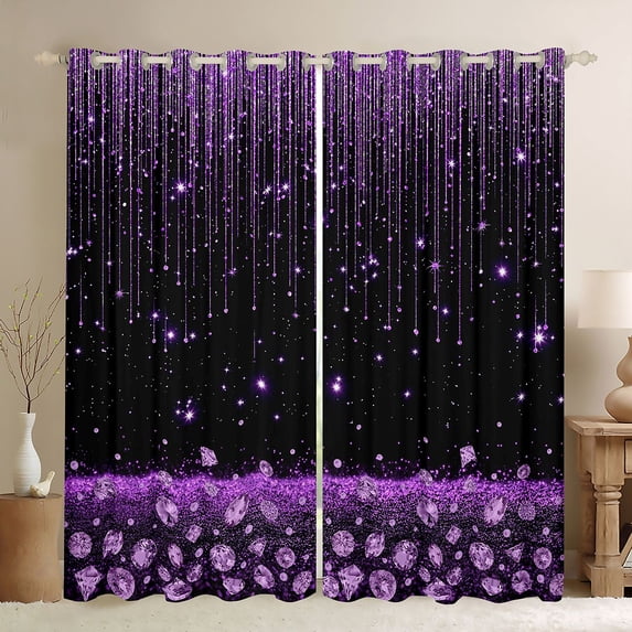 Homewish Black Purple Kitchen Curtains, Glitter Diamonds Black Out Curtains Pack of 2 (42x63 Each) for Girls