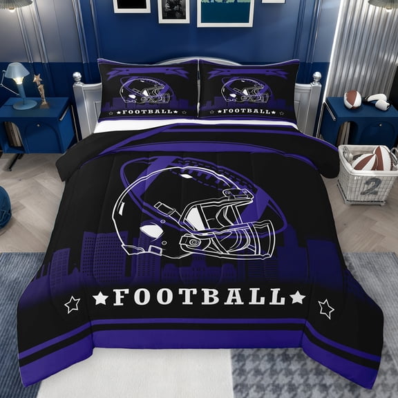 Homewish Black Purple Rugby Queen Comforter Set, Chic Stripe Line Abstract Bedding Sets, Teens Kids Boys Girls Reversible Bedding Comforter Set, Ultra Soft Bedroom Decor, 3pcs