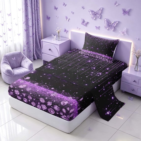Homewish Black Purple Twin Sheets, Glitter Diamonds Bedding for Girls, 3 Pieces (1 Flat Sheet, 1 Fitted Sheet and 1 Pillowcase)