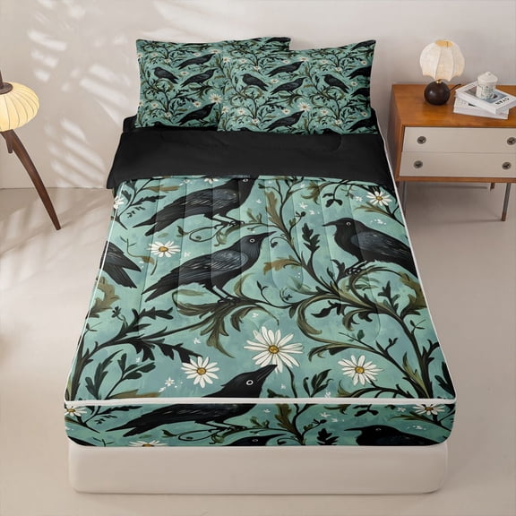 Homewish Black Raven Zipper Full Size Comforter Sets with Fitted Sheet and 2 Pillowcases,Natural Plant Floral Zipper Bedding Set For Men Women,Reversible,4 Pieces
