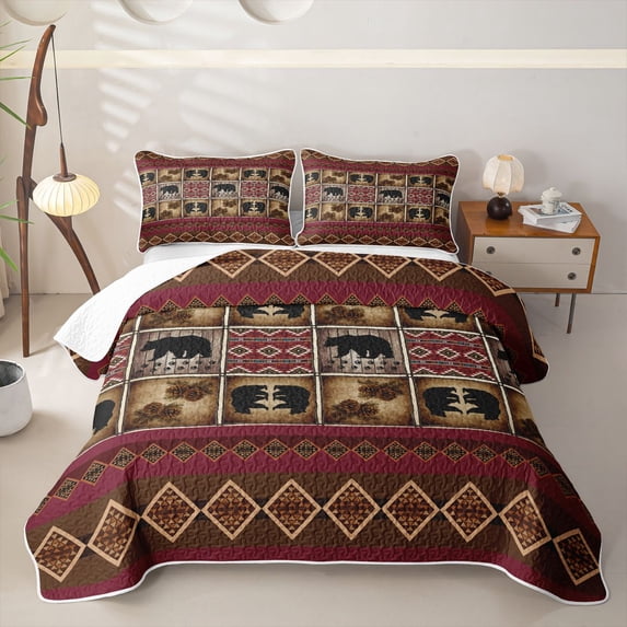 Homewish Black Red Aztec Quilt King,Rustic Bear King Coverlet Set,3pcs