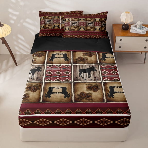 Homewish Black Red Aztec Zipper Twin Comforter Sets with Fitted Sheet and 2 Pillowcases,Rustic Moose Zipper Bedding Set,Black Reversible,4 Pieces
