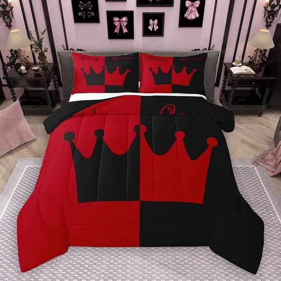 Homewish Black Red Crown Full Size Comforter Sets for Couple, Romantic Valentines Day Bedding Comforter Set, King and Queen Reversible Bedding Sets, Ultra Soft Bedroom Decor, 3pcs
