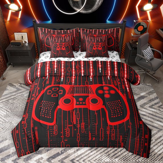 Homewish Black Red Gamepad Bedding Comforter Set 7pcs for Boys, Cartoon Game Console Lover Queen Bedding Sets, Stripes Abstract Reversible Queen Sheet Sets, Lightweight Room Decor