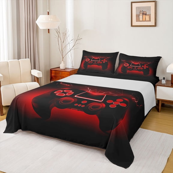 Homewish Black Red Gamepads 3pcs Twin Sheet Sets For Boys Girls,Abstract Ombre Gamer Twin Fitted Sheet,Video Game Breathable Flat Sheet,Microfiber Bedroom Decor