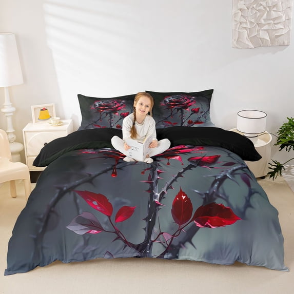 Homewish Black Red Gothic Rose Duvet Cover Queen for Kids, Thorn Floral Spooky Queen Bedding, Black Reversible, 3-Piece, 1 Duvet Cover and 2 Pillowcases
