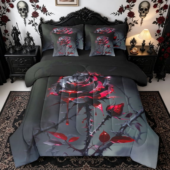 Homewish Black Red Gothic Rose Twin Bedding for Kids, Thorn Floral Spooky Bedding Comforter Set, Black Reversible, 7-Piece