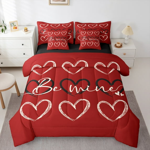 Homewish Black Red Love Heart Bedding Comforter Set 7 Pieces, Romantic Anniversary Full Bedding Set, Teens Adult Couple Lover Reversible Fitted Sheet Flat Sheet, Super Cozy Room Decor