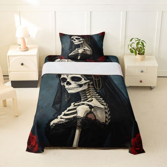 Homewish Black Skeleton Bride Twin Sheets for Kids, Teal Vintage Romantic Rose Bedding, 3 Pieces, 1 Flat Sheet, 1 Fitted Sheet and 1 Pillowcase