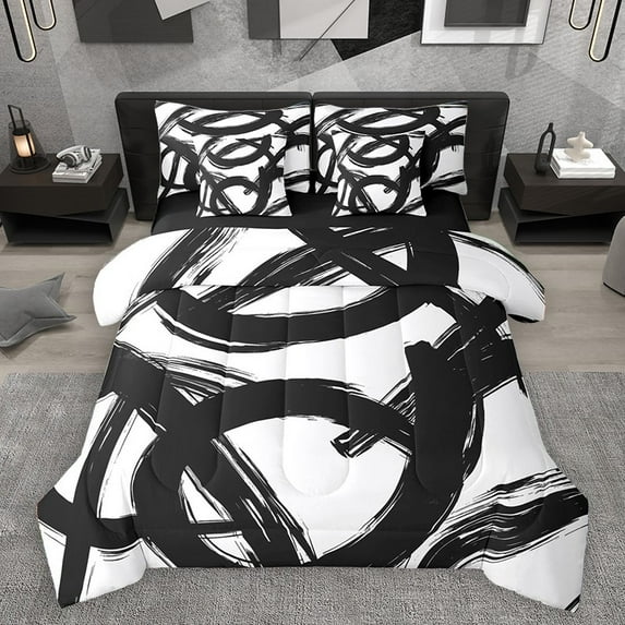 Homewish Black Stripes 7 Pieces Bedding Comforter Set for Teens Boys Girls,Geometric Lines Full Bedding Set Lightweight,Vintage Aesthetic Fitted Sheet Flat Sheet,Breathable Home Decor,Reversible