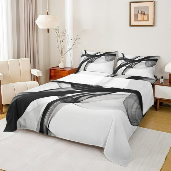 Homewish Black Stripes Lines Full Size Sheets 4-Piece for Female Men Adults,Vintage Aesthetic Breathable Bed Sheets,Geometric Theme Lightweight Sheet Sets,Luxury Bedroom Decor