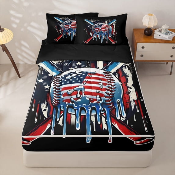 Homewish Black USA Flag Baseball Zipper Full Size Comforter Sets with Fitted Sheet and 2 Pillowcases, Drip Sport Zipper Bedding Set for Men and Boys, Black Reversible, 4-Piece
