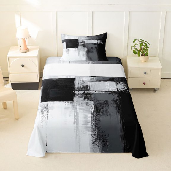 Homewish Black Watercolor Twin Sheets,Vintage Geometric Art Bedding,3 Pieces,1 Fitted Sheet and 1 Pillowcase