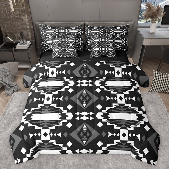 Homewish Black White Aztec Bedding Comforter Set 7pcs, Chic Triangle Abstract King Bedding Sets, Western Hippie Bohemian Reversible Bed Sheets, Microfiber Bedroom Decor
