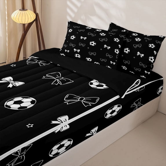 Homewish Black White Bow Football Zipper Twin Comforter Sets with Fitted Sheet and 2 Pillowcases for Girls, Princess Bow Zipper Bedding Set, Black Reversible, 4-Piece