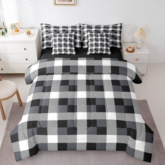 Homewish Black White Buffalo Bedding Comforter Set 7pcs for Teens, Chic Checkered Square Queen Bedding Sets, Modern Fashion Reversible Queen Sheet Sets, Breathable Home Decor