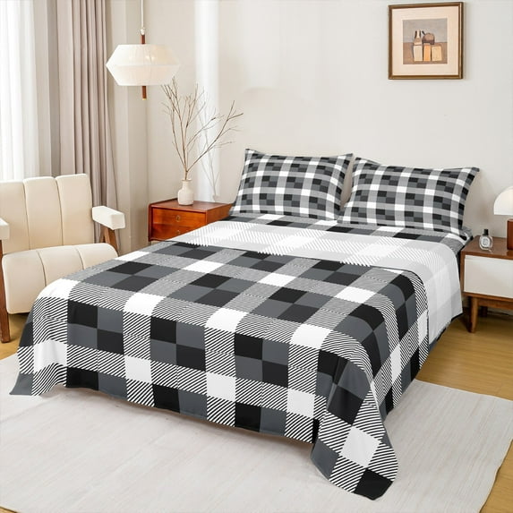 Homewish Black White Buffalo Full Size Sheets for Teens, Chic Checkered Square Bed Sheets, Modern Fashion Sheet Sets, Breathable Home Decor, 4 Pieces