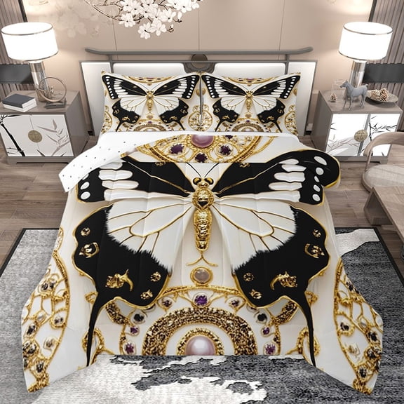 Homewish Black White Butterfly Girl 2pcs Bedding Comforter Set,Exotic Style Twin Comforter Sets,Dreamy Princess Breathable Bedding Set,Luxury Bedroom Decor,Reversible