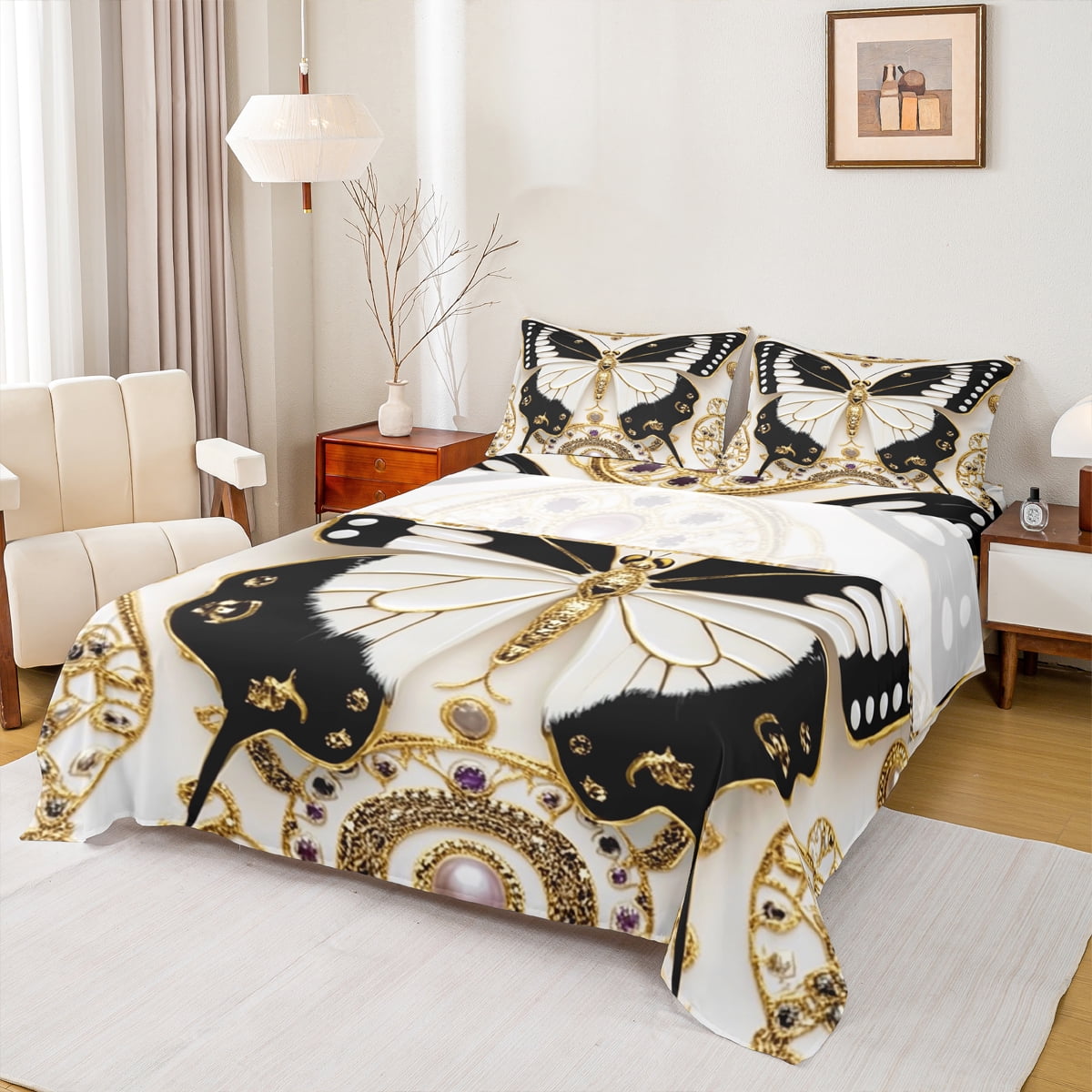 Homewish Black White Butterfly Girl 4pcs Bed Sheets,Exotic Style King Sheets,Dreamy Princess Super Cozy Sheet Set,Luxury Bedroom Decor