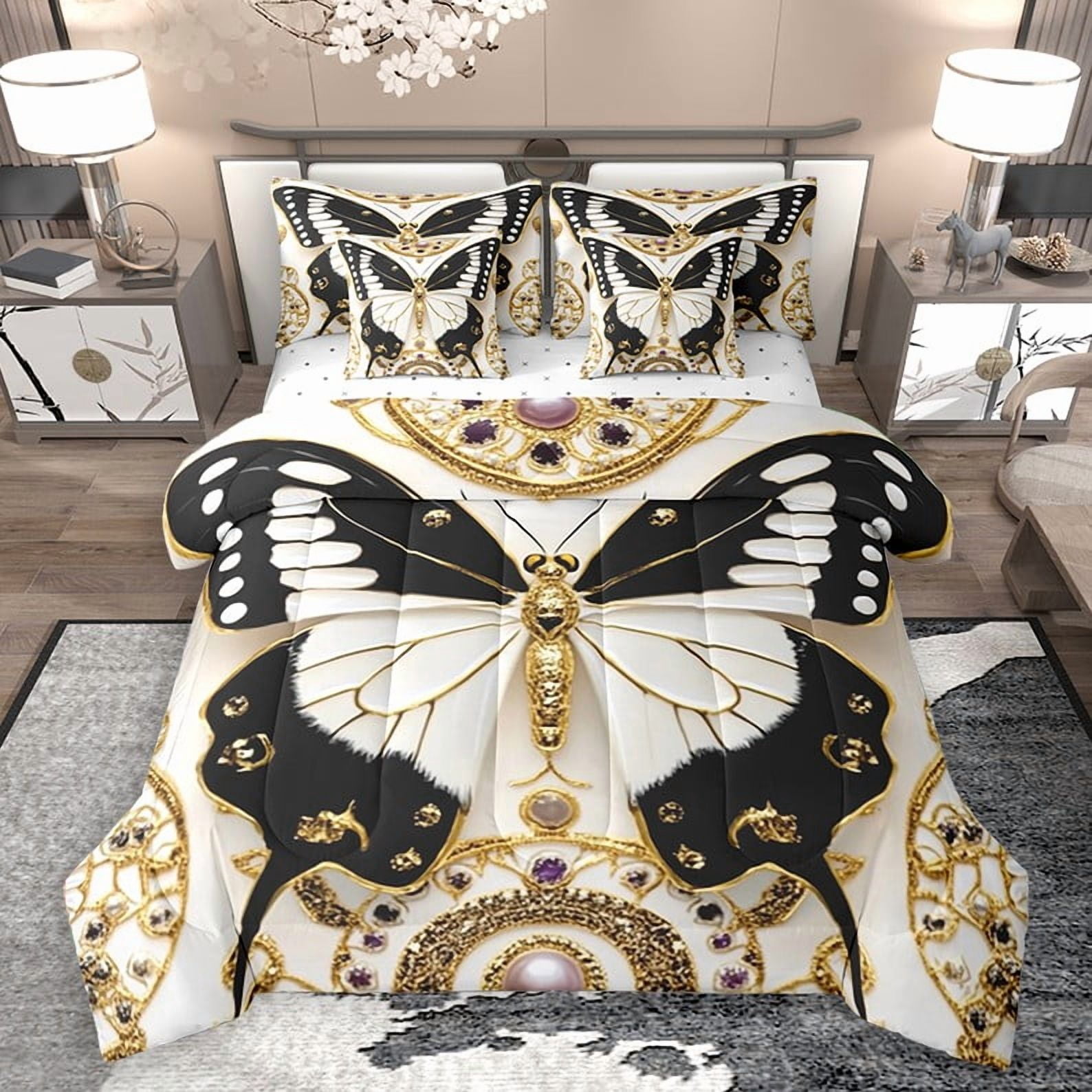 Homewish Black White Butterfly Girl 7-Piece Bedding Comforter Set,Exotic Style King Bedding Sets,Dreamy Princess Ultra Soft Bed Sheets,Luxury Bedroom Decor,Reversible