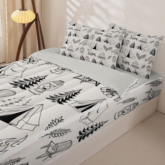 Homewish Black White Camping Tent Zipper Full Size Comforter Sets with Fitted Sheet and 2 Pillowcases, Outdoor Adventure Zipper Bedding Set for Men and Women, Gray Reversible, 4 Pieces