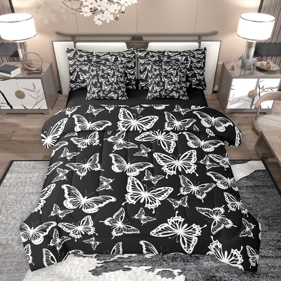Homewish Black White Cartoon Bedding Comforter Set 7pcs, Kawaii Butterfly Animal King Bedding Sets, Teens Kids Boys Girls Reversible Bed Sheets, Microfiber Bedroom Decor