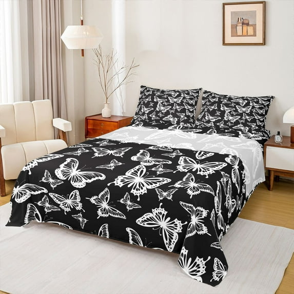 Homewish Black White Cartoon Twin Sheet Sets, Kawaii Butterfly Animal Twin Fitted Sheet, Teens Kids Boys Girls Flat Sheet, Microfiber Bedroom Decor, 3 Pieces