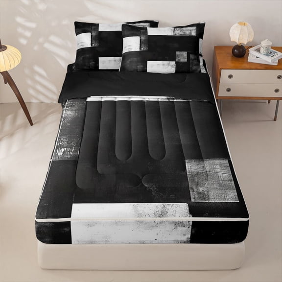 Homewish Black White Checkered Zipper Twin Comforter Sets with Fitted Sheet and 2 Pillowcases,Contemporary Aesthetic Zipper Bedding Set,Black Reversible,4pcs