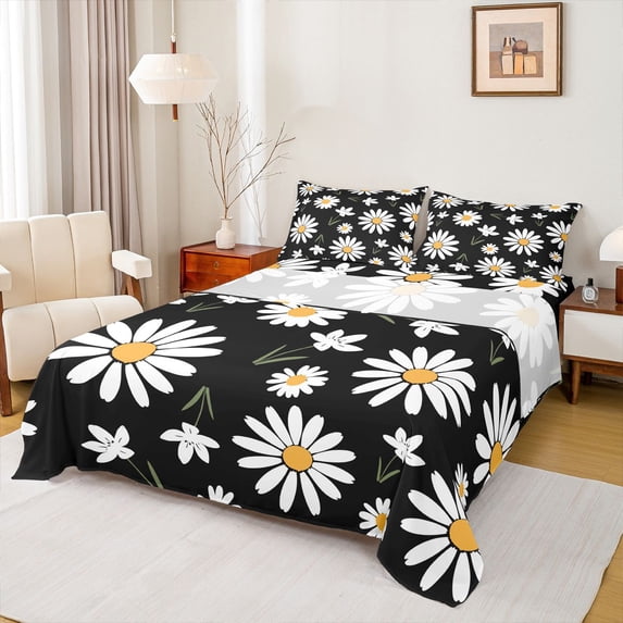 Homewish Black White Flower Twin Sheet Sets for Kid, Groovy Daisy Floral Twin Fitted Sheet, Kawaii Cartoon Theme Flat Sheet, Microfiber Bedroom Decor, 3pcs