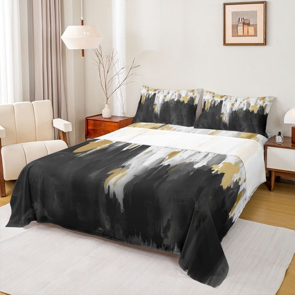 Homewish Black White Gold Queen Sheet Sets,Modern Minimalist Artistic Flat Sheet,Graffiti Geometric Queen Fitted Sheet For Adult,Ultra Soft Home Decor,4 Pieces