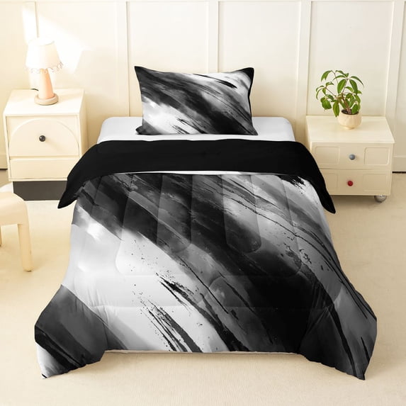 Homewish Black White Gray Twin Comforter Sets,Watercolor Mountain Fluid Bedding Set,Black Reversible,2 Pieces,1 Comforter and 1 Pillowcase