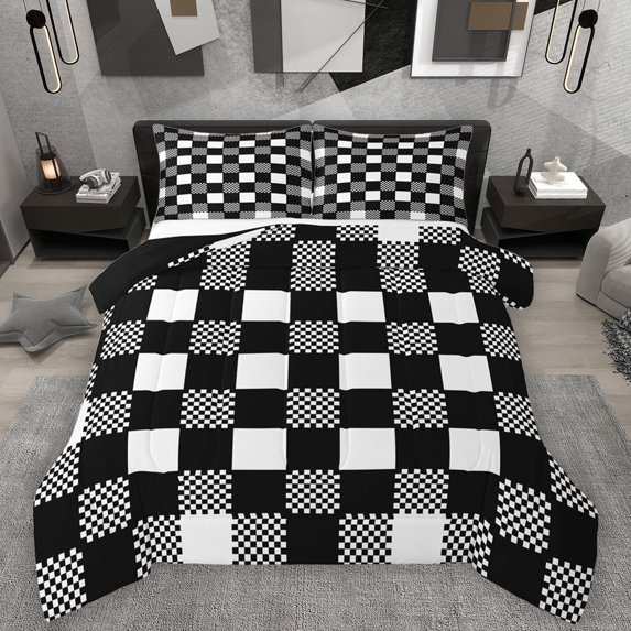 Homewish Black White Grid 3-Piece Full Size Comforter Sets For Kids Children Teens,Geometric Buffalo Bedding Comforter Set,Minimalist Abstract Lightweight Bedding Sets,Microfiber Bedroom Decor