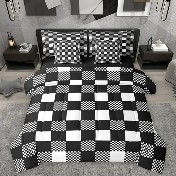 Homewish Black White Grid 7-Piece Twin Bedding Sets For Kids Children Teens,Geometric Buffalo Bedding Comforter Set,Minimalist Abstract Breathable Sheet Sets,Microfiber Bedroom Decor,Reversible
