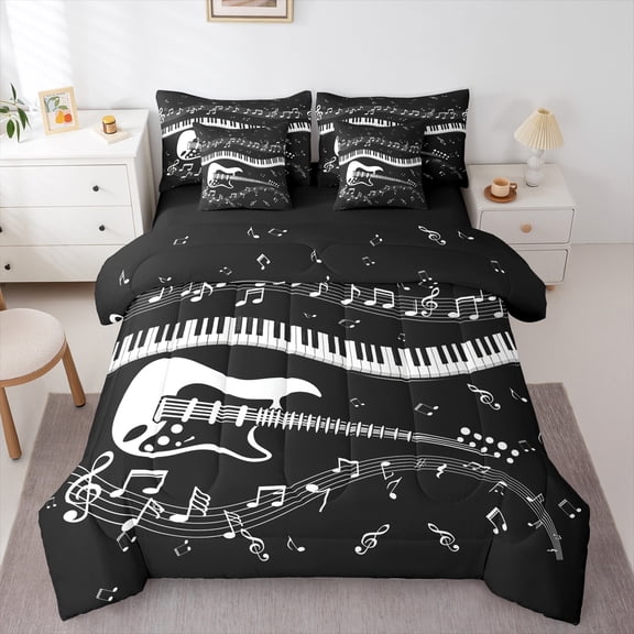 Homewish Black White Guitar Bedding Comforter Set 7-Piece for Kids, Cartoon Musical Note King Bedding Sets, Music Piano Reversible Bed Sheets, Microfiber Bedroom Decor