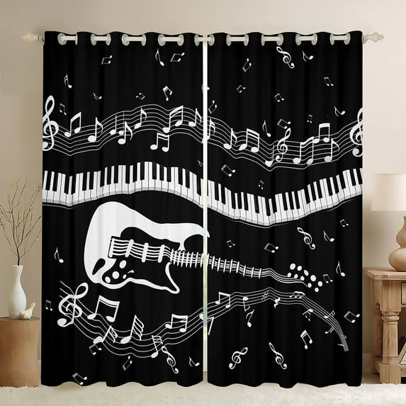 Homewish Black White Guitar Black Out Curtains for Kids, Cartoon Musical Note Curtains Pack of 2 (42x63 Each), Music Piano Bedroom Curtains, Living Room Curtains Decor