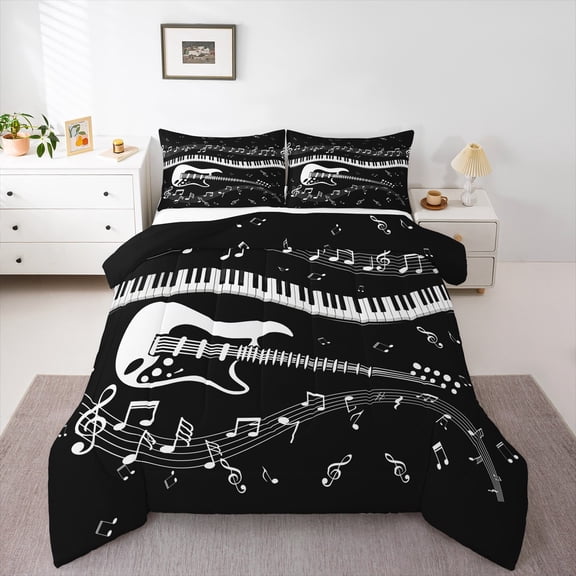 Homewish Black White Guitar Queen Comforter Set for Kids, Cartoon Musical Note Bedding Sets, Music Piano Reversible Bedding Comforter Set, Microfiber Bedroom Decor, 3pcs