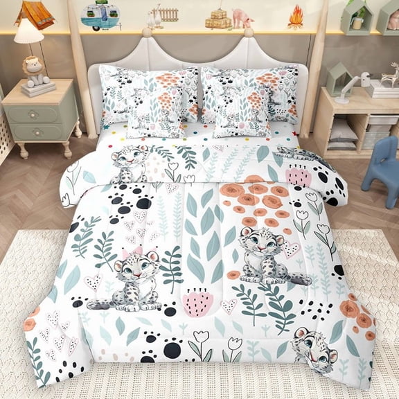 Homewish Black White Leopard 7pcs Bedding Comforter Set for Teens Boys Girls,Flower Animal Queen Bedding Sets Super Cozy,Dreamy Princess Queen Sheet Sets,Ultra Soft Home Decor,Reversible