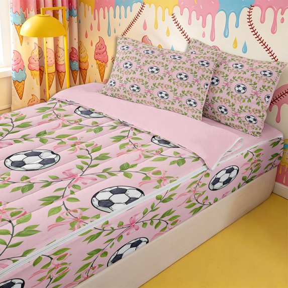 Homewish Black White Soccer Print Zipper Full Size Comforter Sets with Fitted Sheet and 2 Pillowcases,Cute Bow Knot Green Leaves Zipper Bedding Set for Teens Girls,4pcs,Pink Reversible