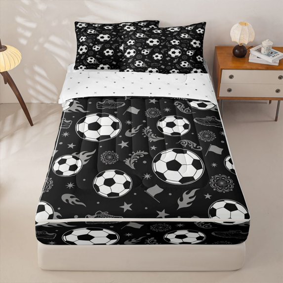 Homewish Black White Soccer Zipper Twin Comforter Sets with Fitted Sheet and 2 Pillowcases, Sport Zipper Bedding Set for Men and Boys, Reversible, 4 Pieces